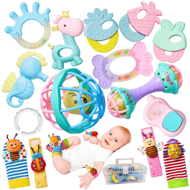 Juego de sonajeros AOYOHOMOA de 0 a 6 meses con sonajeros para muñeca y tobillo x15