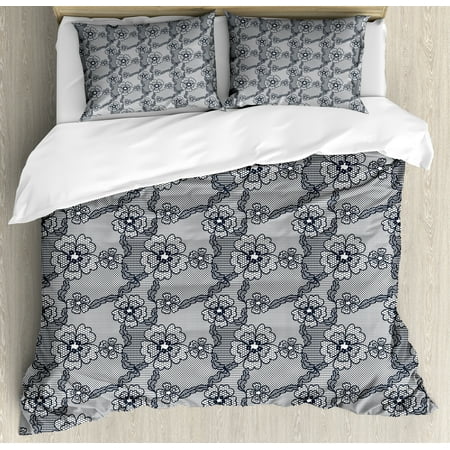 Dark Grey Duvet Cover Set Black Lace Style Pattern With Blossoms