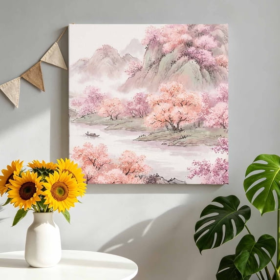 Canvas Wall Art, Pink Forest Mountains Framed Canvas Prints for Living Room Bathroom, Farmhouse Dreamy Cherry Blossom Gallery Wrapped Wall Decor for Home Office, Gifts, 12"x12" Ship Next Day