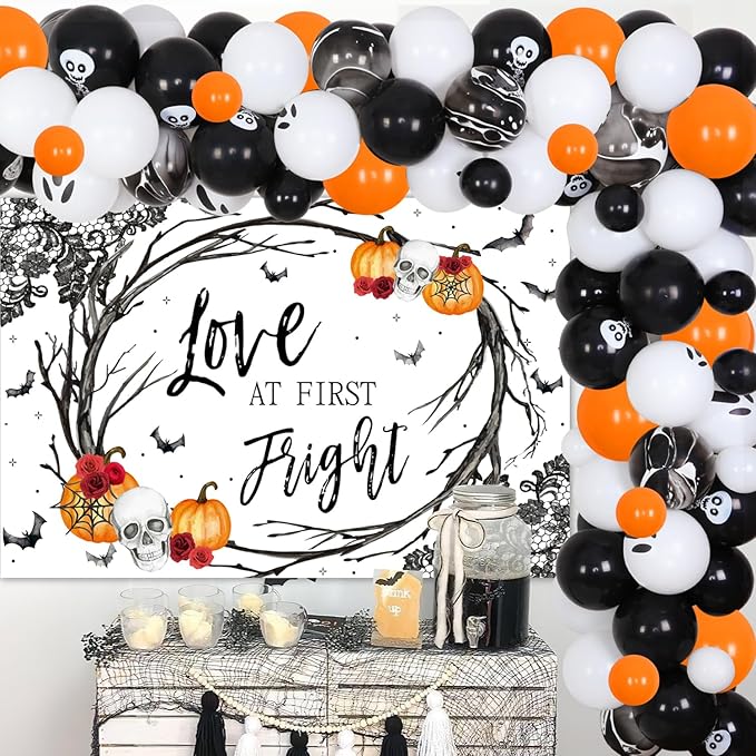 91Pcs Halloween Bachelorette Party Decorations Love at First Fright Backdrop Orange Balloon Garland Arch Kit 3D Bat Wall Stickers for Halloween Engagement Wedding Bachelorette Party Decor Supplies