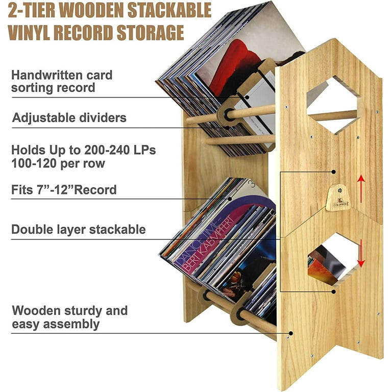 Vinyl Record Storage,200 Lp Storage Large Capacity,2-Tier Wood Record  Holder for Albums,Modular Adjustable Divider Cards,Fits 7”-12”Record, Vinyl  Rack