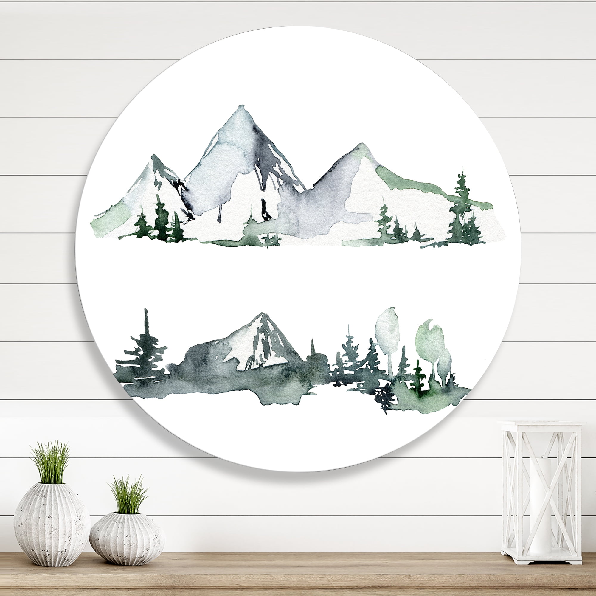 Designart 'Trees With Winter Dark Blue Mountain Landscape II' Modern Circle Metal Wall Art 23x23 - Disc of 23