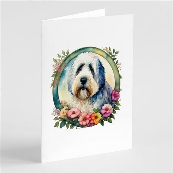 Old English Sheepdog and Flowers Greeting Cards and Envelopes Pack of 8 7 in x 5 in