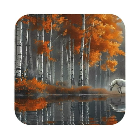 

Pofeuu White Horse Autumn Birch Print Leather Coasters Set of 6 Round Cups Mugs Mat Pad for Home Kitchen Heat Resistant Drink Coasters Square