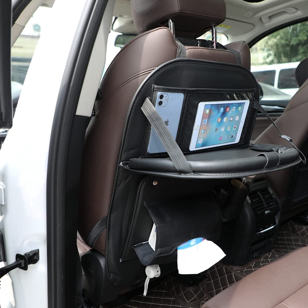 Car Back Seat Organizer with Foldable Tablet Holder MultifuncBackseat Car  Organizer with Trash Can TissueCup Holder Waterproof PU Leather Premium  Backseat Storage Bag(Black)