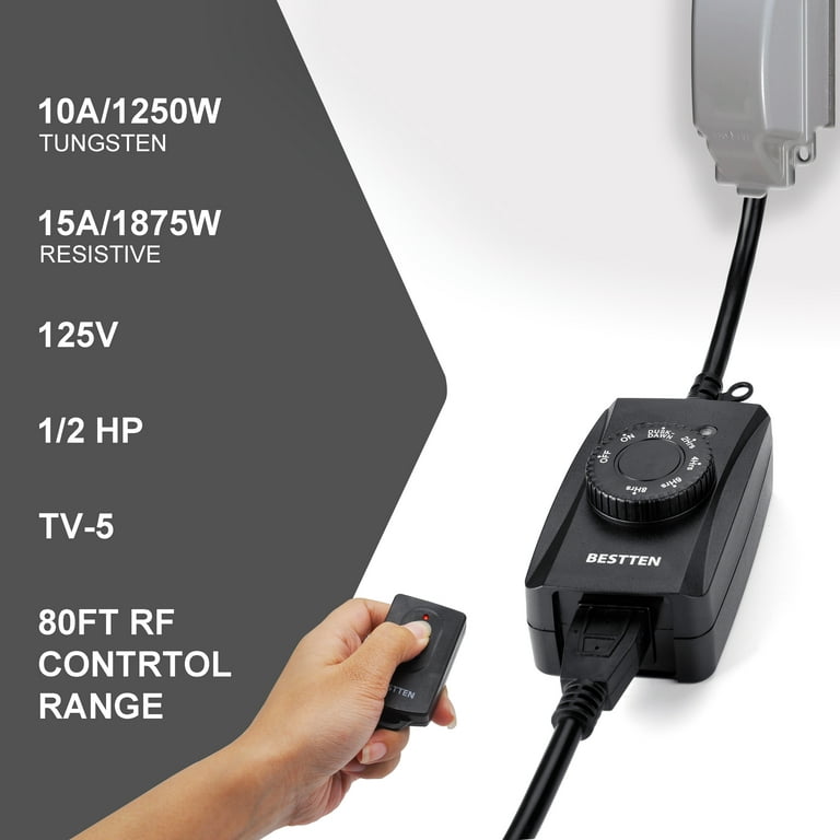 BESTTEN Wireless Outdoor Remote Control Outlet with 6-Inch Heavy