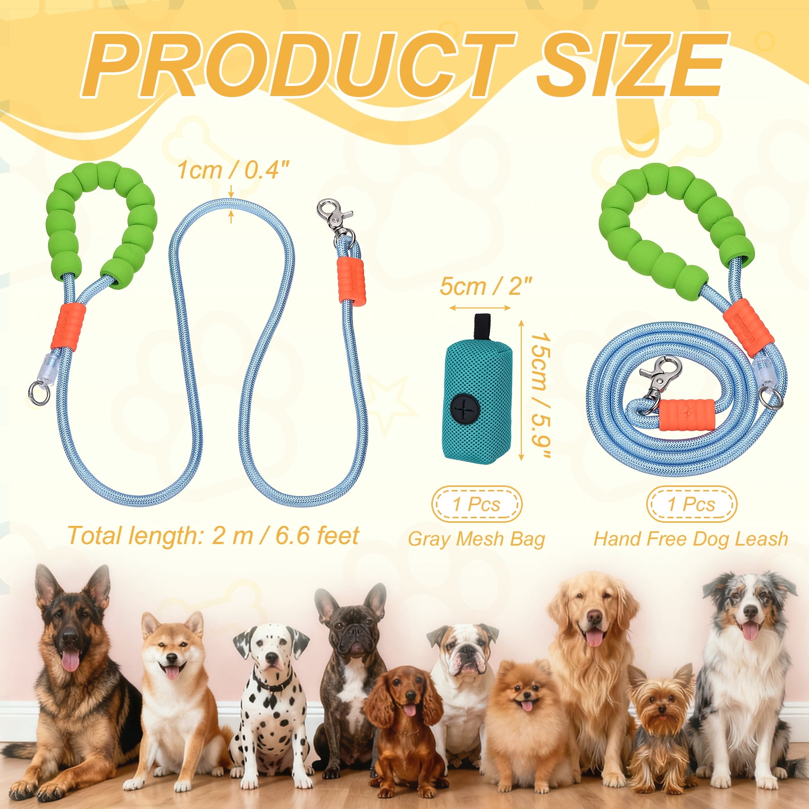 Uxcell Dog Leash with Padded Hands Free, 6.6ft/2m Adjustable Bungee Dog Training Leash, No Pull Heavy Duty Rope(Blue, Blue Bag), Intended for Large Medium Pet Running/Hiking/Walking
