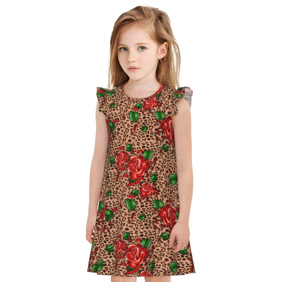 Sikiie Rose Mix Leopard 1 Print Girls Nightgowns, Girls Pajamas, Short Sleeves Nightdress Pajamas for Little Girls-Small