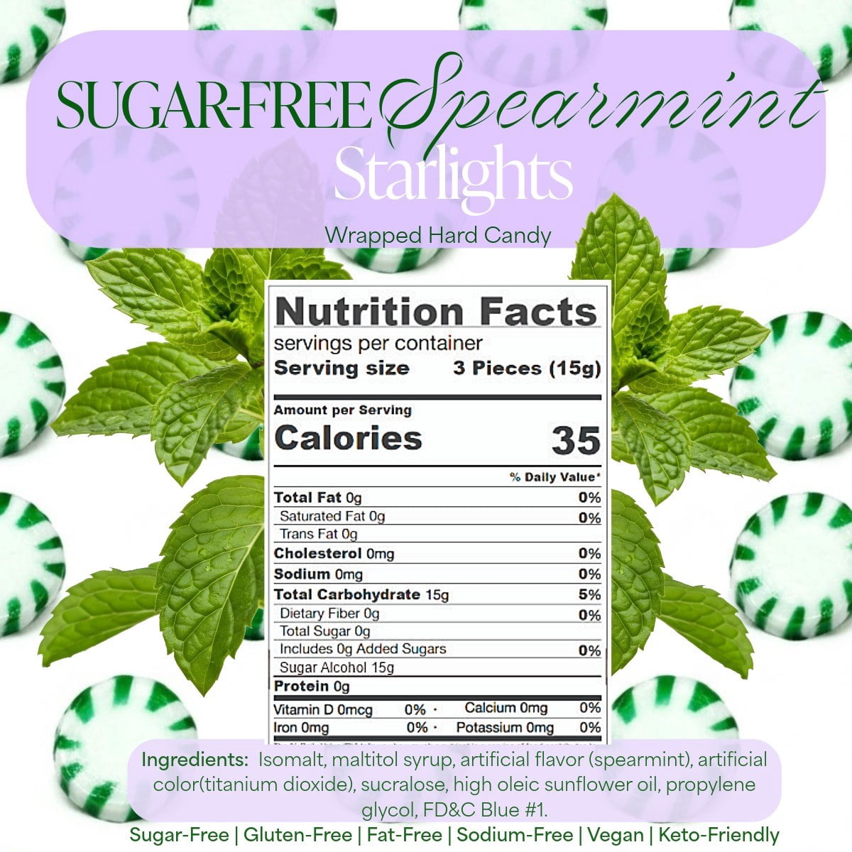 SweetGourmet Sugar-Free Spearmint Starlight Hard Candy, Individually Wrapped, Bulk Candy, 4 Pound Bag
