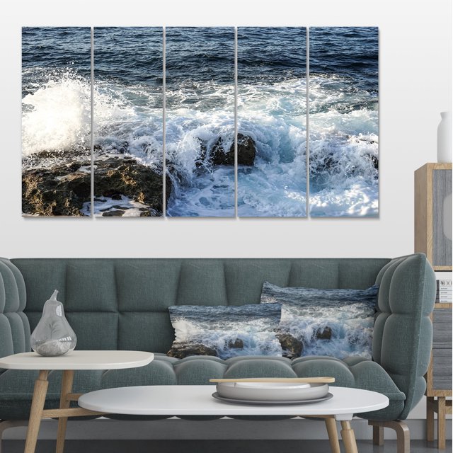 Waves Breaking on Stony Beach - Seashore Canvas Art Print