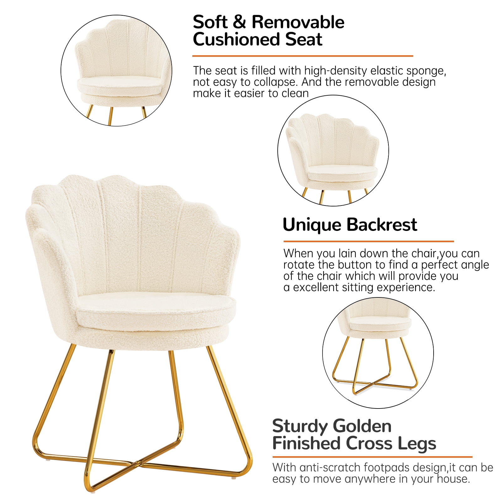 Furniliving Modern Sherpa Accent Chair Shell Back Makeup Chair Upholstered Arm Chair, White
