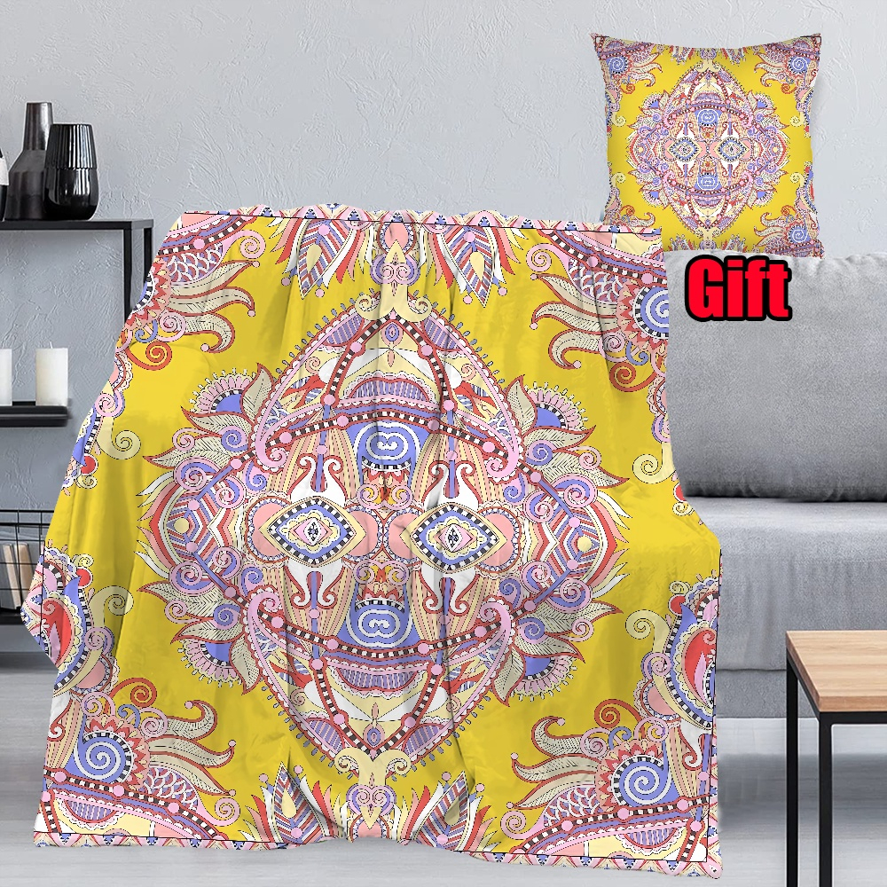 Vintage Floral Blanket With Pillow Case For Office, Bed, Sofa Plush