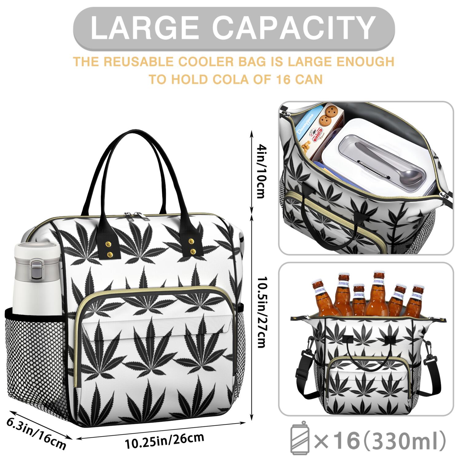 Neon Marijuana Leaf Glow in The Dark Lunch Bag - Large Leakproof Cooler Tote for Office Workers & Students - Multi-Compartment Food Storage Bag