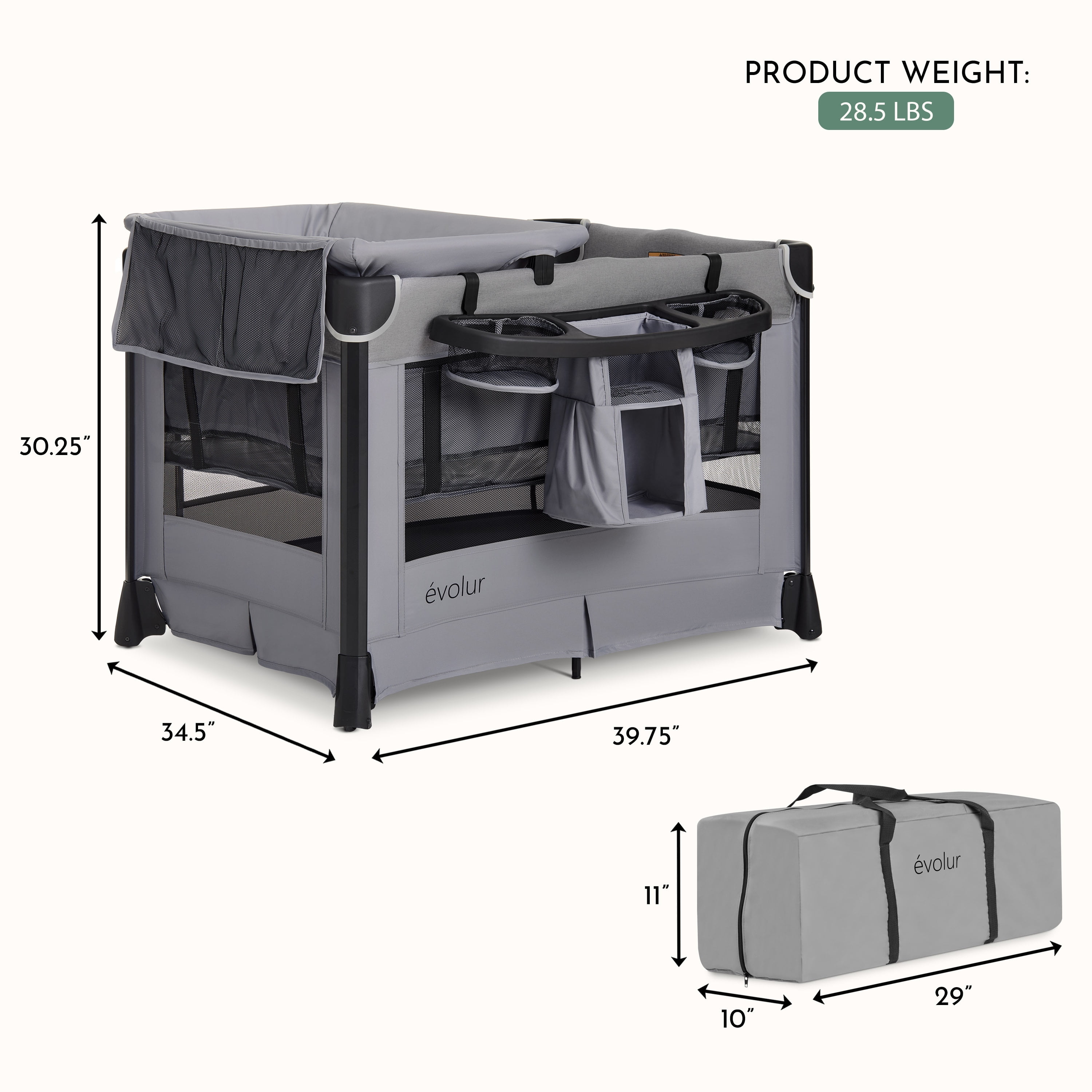 Evolur Cozy Cove All-in-One Portable Playard Gray with Bassinet & Changing Table – Quick-Fold Travel Playard with Breathable Mesh Sides, Travel Bag Included