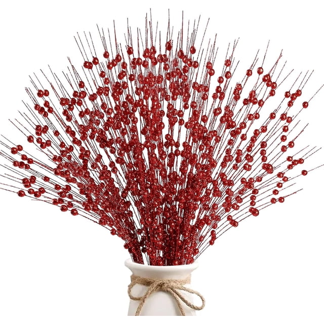 Paquete de 10 adornos artificiales de bayas con purpurina, 43 cm, palitos navideños decorativos, ramas con cuentas brillantes para decorar el árbol de Navidad, guirnaldas, manualidades, decoración