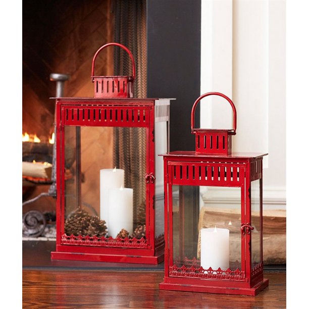 Set of 2 Crimson Red Distressed Vented Pillar Candle Lanterns 20” 25
