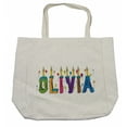 thumbnail image 1 of Olivia Shopping Bag, Colorful Balloons with Cartoon Style Composition Letter Cake Girl Name Illustration, Eco-Friendly Reusable Bag for Groceries Beach and More, 15.5" X 14.5", Cream, by Ambesonne, 1 of 2