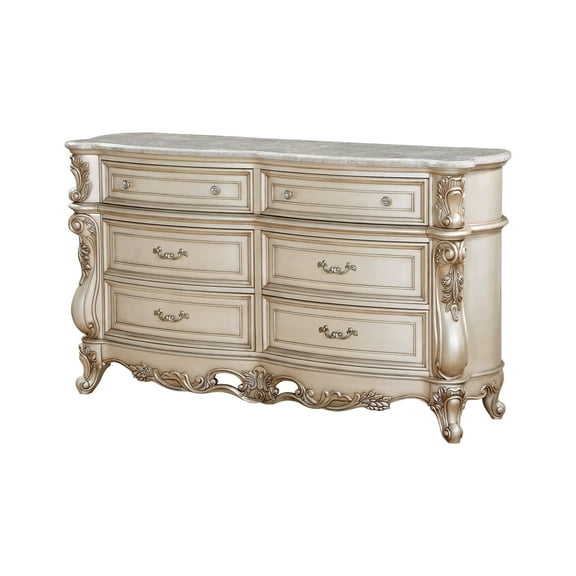 Acme Gorsedd Wooden Frame Dresser in Marble and Golden Ivory