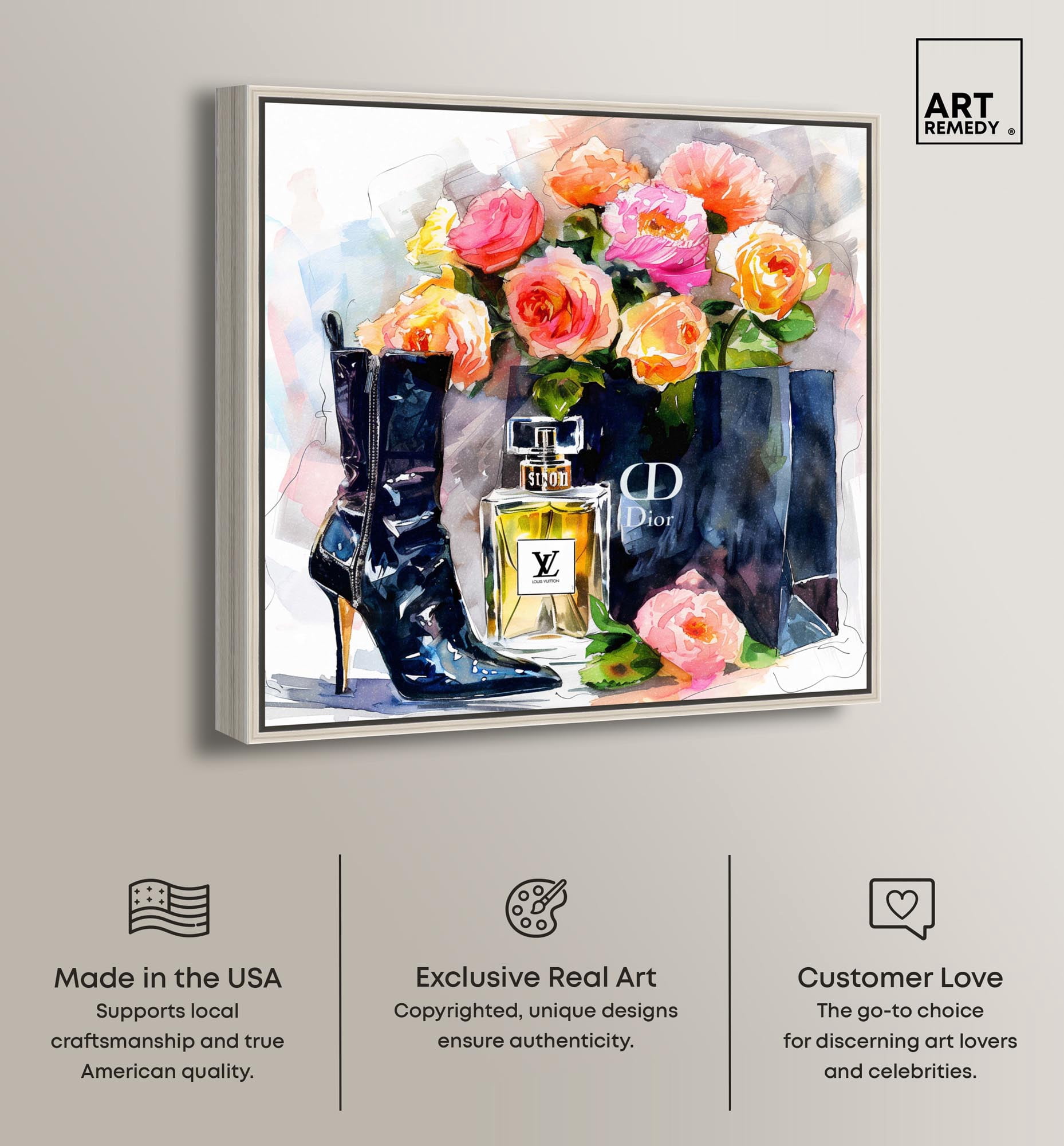Boot with Perfume and Shopping Bag Canvas Fashion Art Prints by Art Remedy, Silver Frame, 20" x 20"