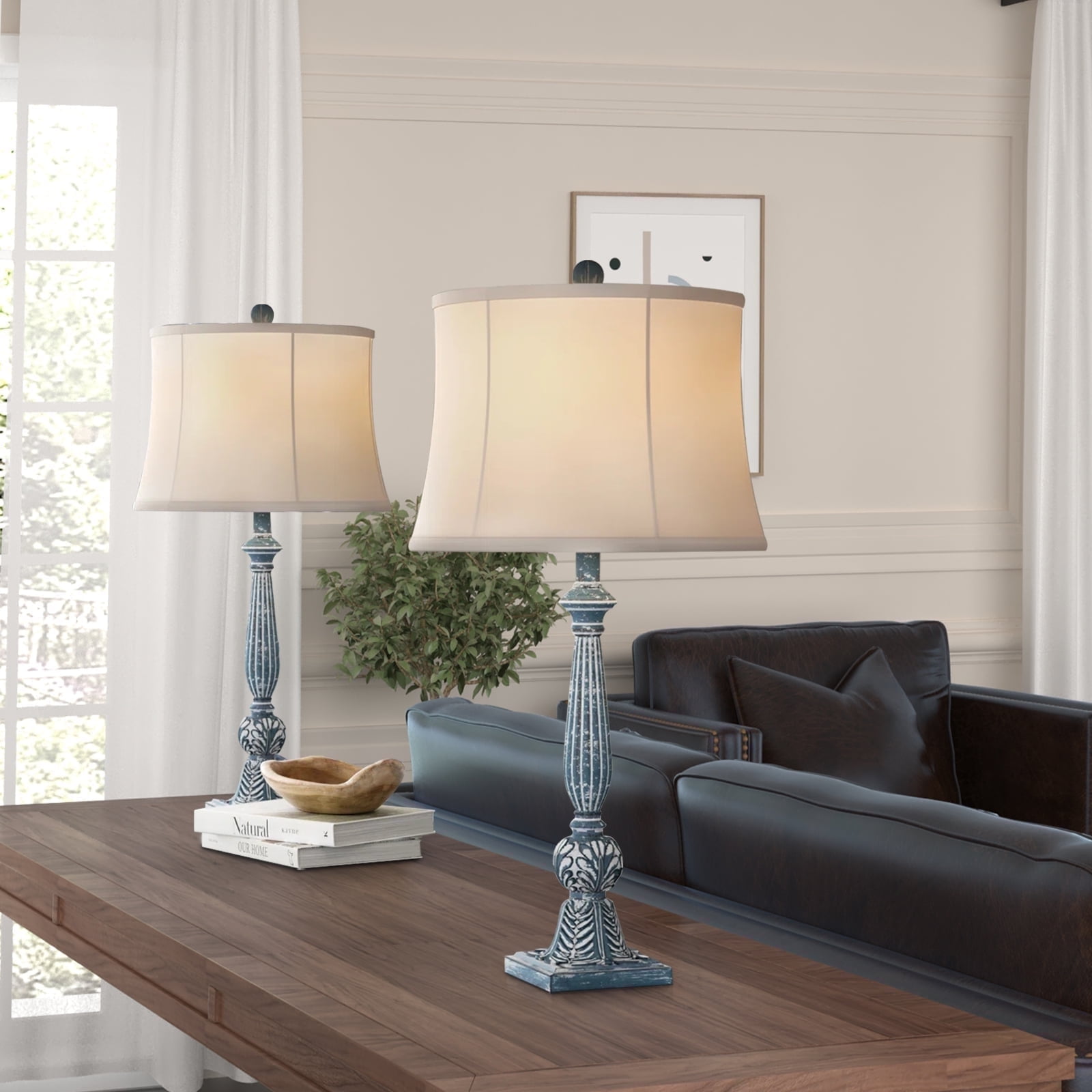 Maxax Blue Resin Table Lamps Set of 2，3-Way Dimmable 28" Traditiona Bedside Nightstand Lamps with White Bell Fabric Shade for Living Room Bedroom Office
