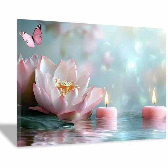Mudket Zen Pink Lotus Flower with Candles and Butterfly Canvas Wall Art, Floral Wall Decor, Framed Ready to Hang Artwork for Living Room Bedroom Bathroom Spa - 12"L x 8"W