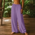 thumbnail image 2 of longantii Linen Pants Women Wide Leg Drawstring Palazzo Lounge Pant Elastic Waist Boho Beach Vacation Summer Travel Trousers Purple L, 2 of 5