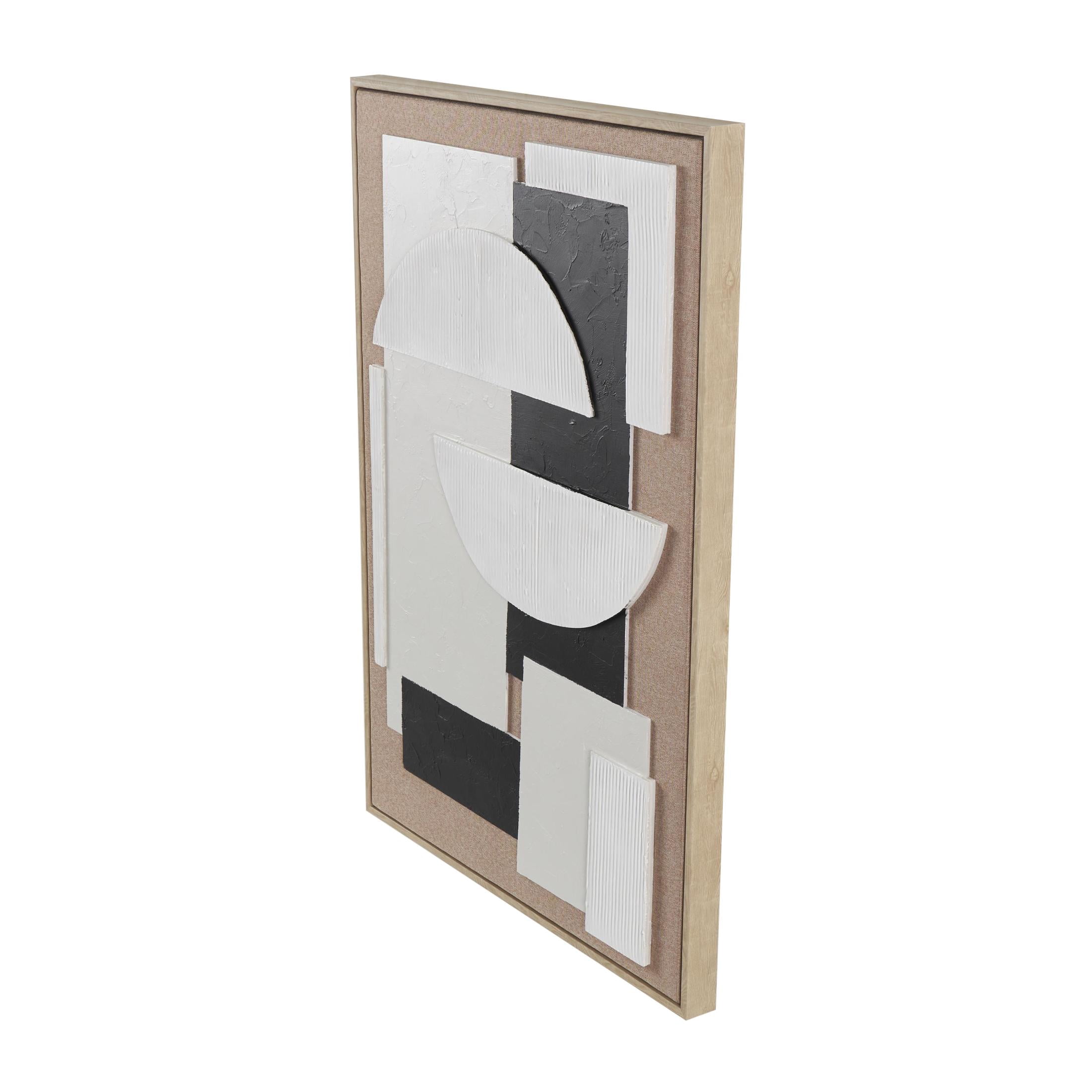 25" x 37" Textured Geometric Framed Wall Art with Abstract Black and White Shapes and Fabric Backing, by DecMode