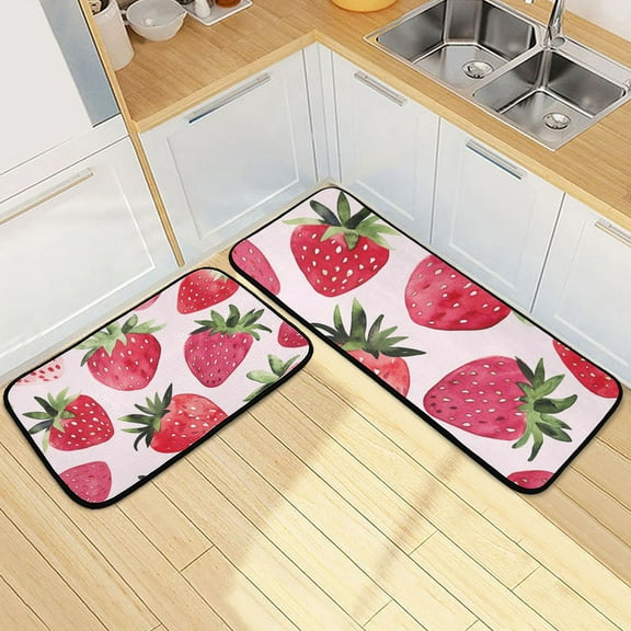 Watercolor Pink Strawberry Kitchen Mat Set of 2 Cushioned Non Slip Rugs for Bedroom Floor Runner Mats