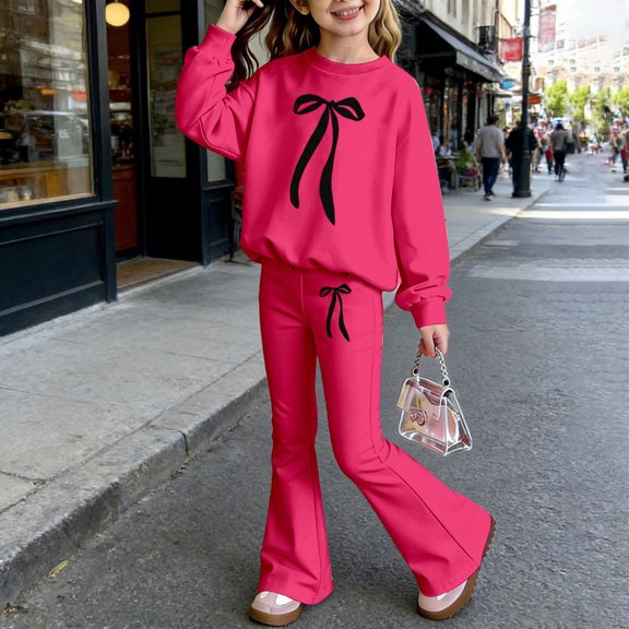 Girls 2 Piece Floral Outfits Ruffle Trim Long Sleeve Blouse & Elastic Waist Wide Leg Pants Casual Fall Clothes for Kids Hot Pink Size 6-7 Years