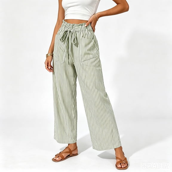 BRELIL Women Plus Size Wide Leg High Waisted Trousers with Pockets Striped Casual Vacation Long Pants Baggy Palazzo Travel Outfits, Army Green 2XL