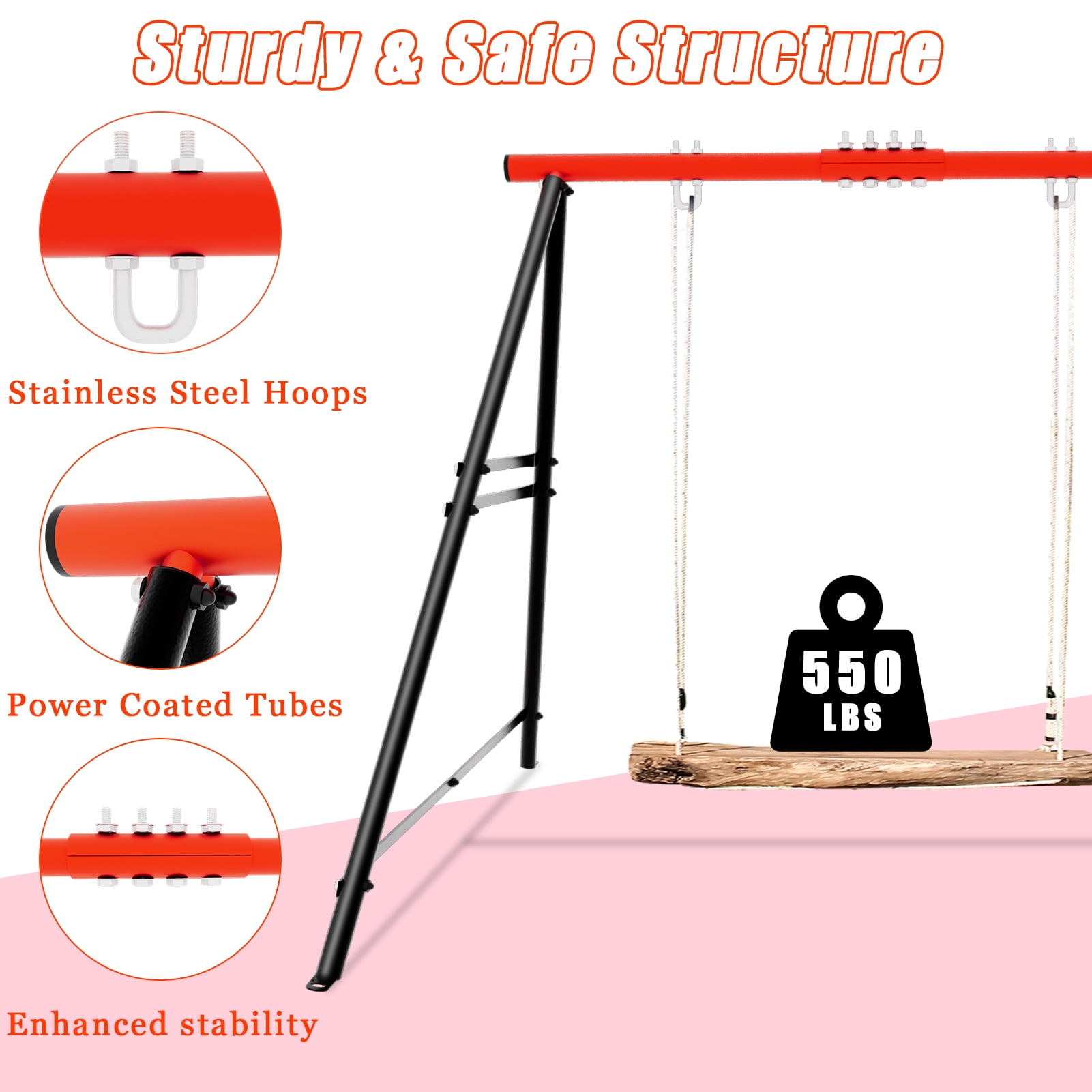 Swing Sets for Backyard, Swingset Outdoor for Kids, Toddler Porch Swing, Metal A-Frame Swing Stand for Indoor, Adult Backyard Swing Frame, Easy to Assemble, Red (without Swing)