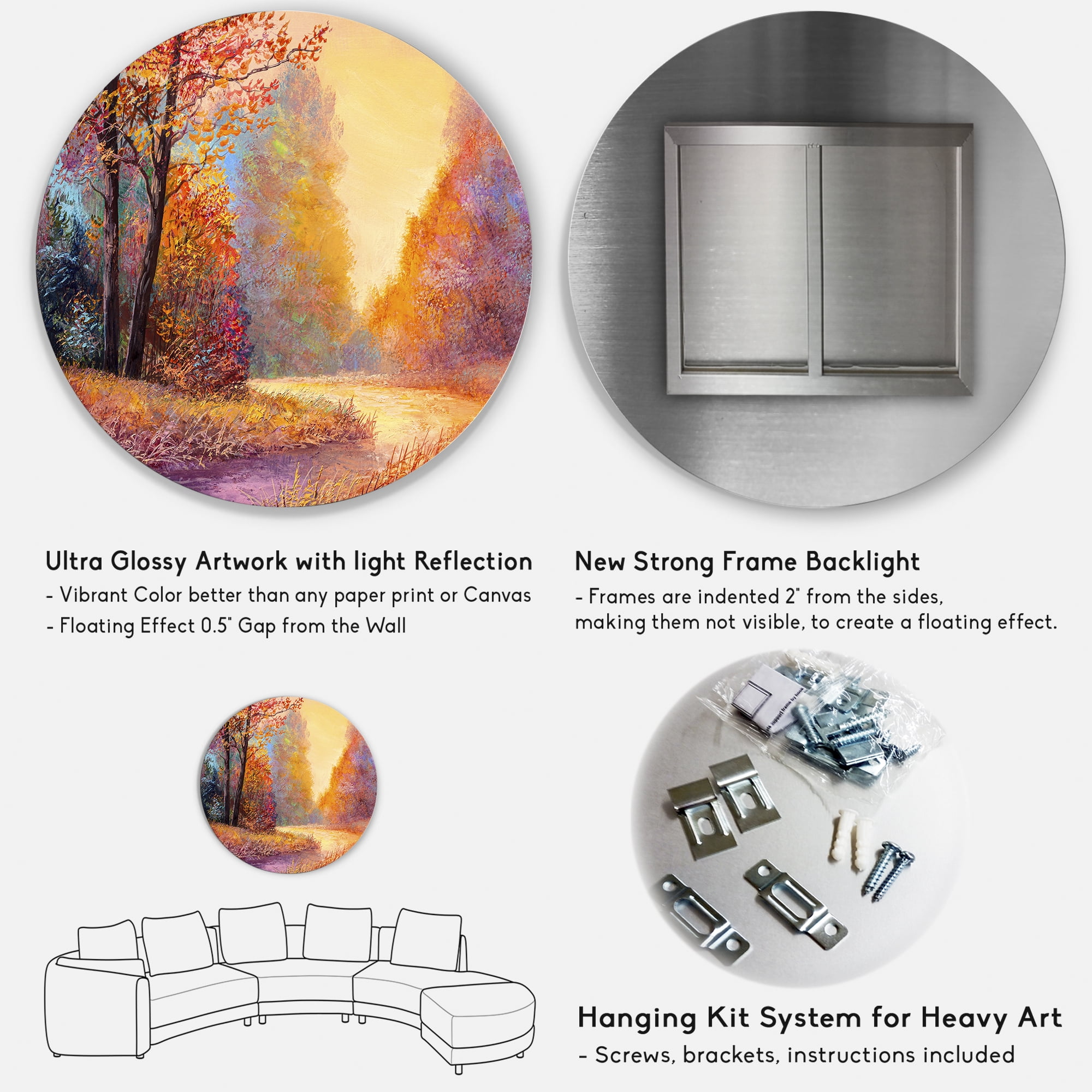Designart 'The Autumn Forest Orange Leaves Landscape With Path' Lake House Circle Metal Wall Art 36x36 - Disc of 36