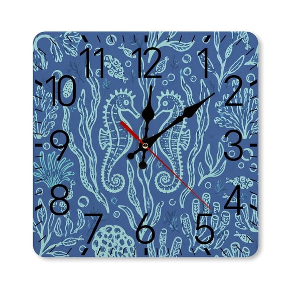 RKSupls 10×10inch Square Silent Wall Clock Wooden Frame, Seahorse Seaweed Pattern Scale Decorative Clock for Home Bedroom Living Room Office
