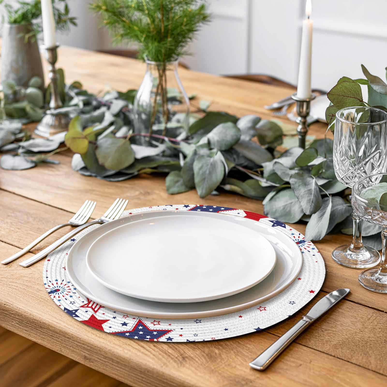 4th of July Round Table Placemats set of 6, Patriotic Red Blue Stars Fireworks Washable Woven Place Mats for Dining Tables Kitchen Party Decor,Heat Proof, 13in, White