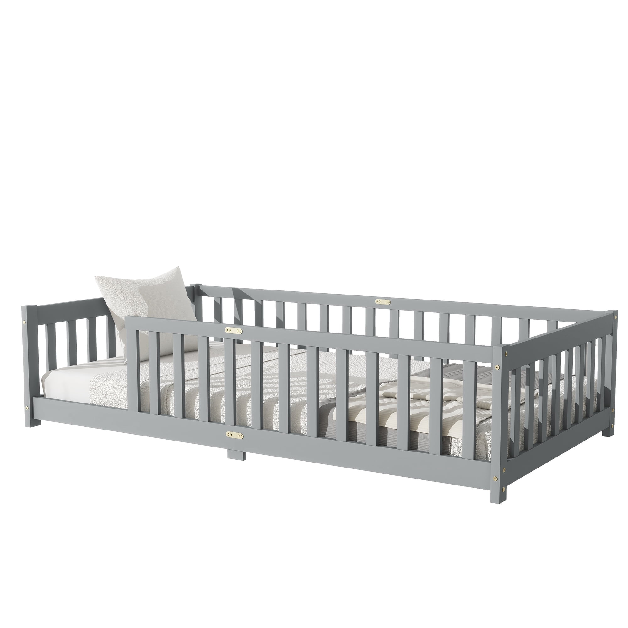 Twin Size Floor Bed with Fence without Door, Rubber Wood Floor Bed with Safety Guardrails,Grey