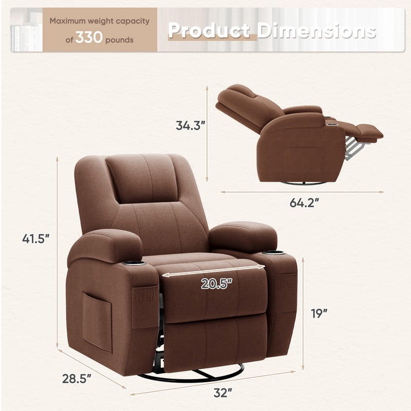 Vineego 360° Swivel Recliner Oversized Massage Rocking Chair Nursery Chair Power Living Room Furniture With Two Cup Holder,Brown