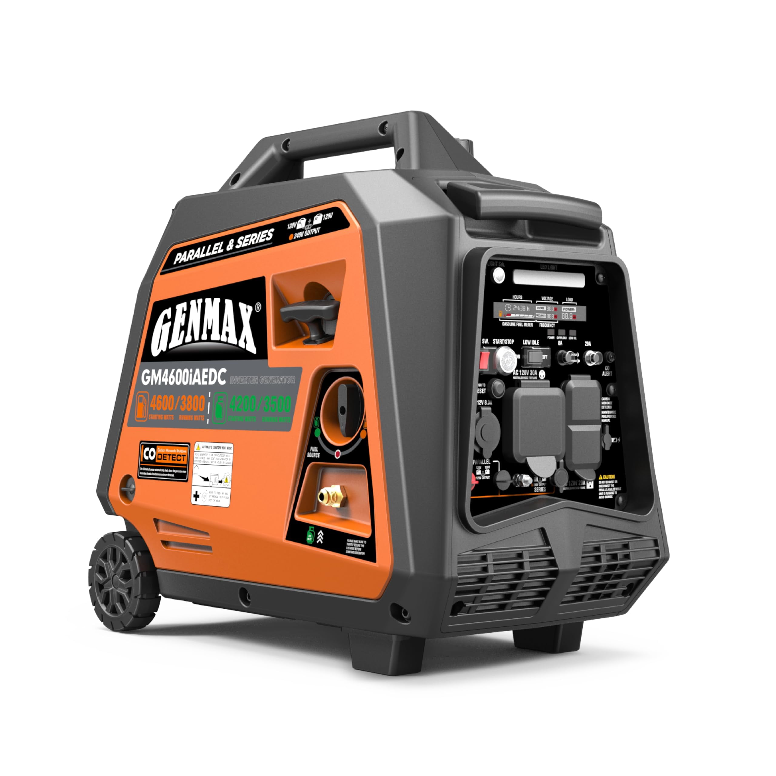 GENMAX 4600W Dual Fuel Inverter Generator, Super Quiet, Remote Start with 120V&240V and LED Light for Camping and Home Backup
