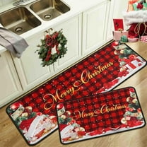 Buffalo Plaid Snow Red Christmas Kitchen Rugs and Mats Set of 2, Merry Christmas Tree Winter Holiday Party Low-Profile Floor Mat Decorations for Home Kitchen 17"x47" 17"x30"