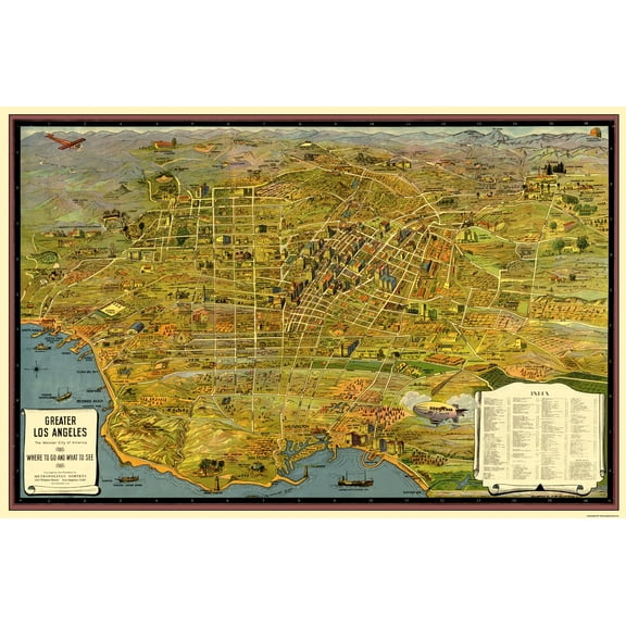 Historic Panoramic View - Greater Los Angeles California - 1932 - Vintage Wall Art