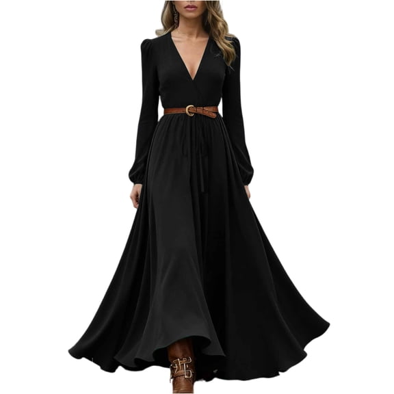 Western Maxi Dress, Button Front Ruffle Detail Long Sleeve Cowgirl Dress, Boho Style for Concert, Festival & Fall Photoshoot Black XL
