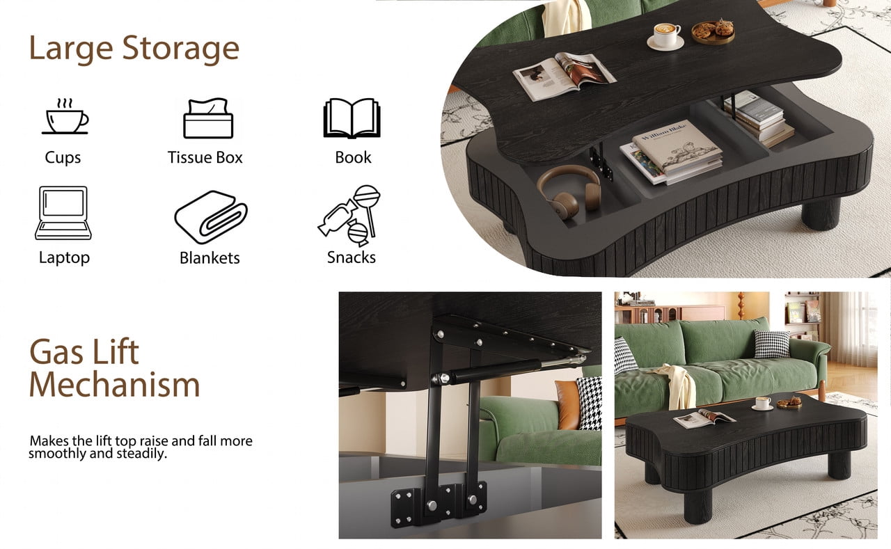 42" Lift Top Coffee Table with Hidden Storage, Fluted Panel Center Table with Hydraulic Lift, Rounded Corners, Wood Living Room Coffee Table for Small Spaces, Black