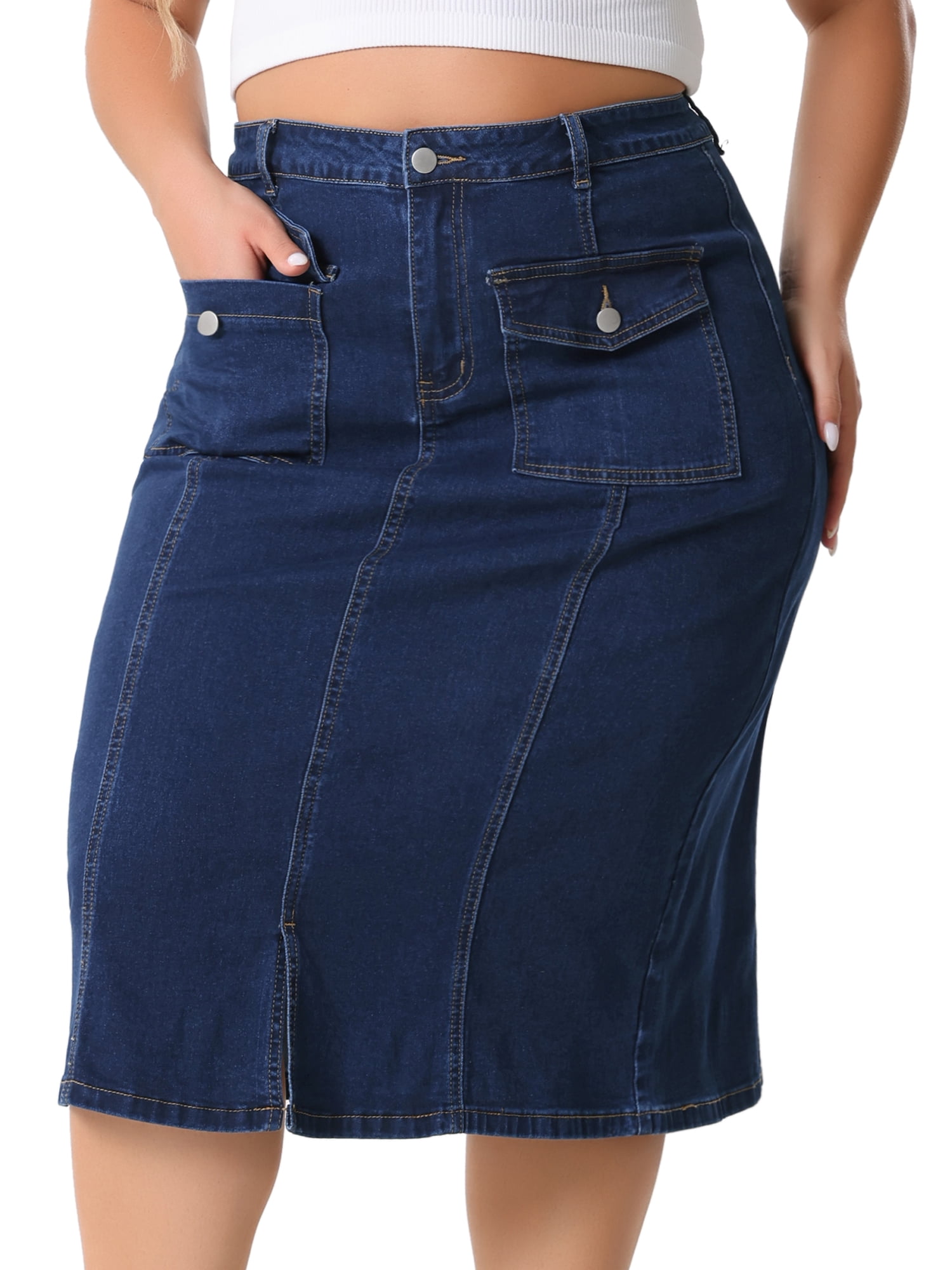 DARING DIVA Women's Plus Basic High Waist Ripped Hem Pockets Jeans Skirts 2X Dark Blue