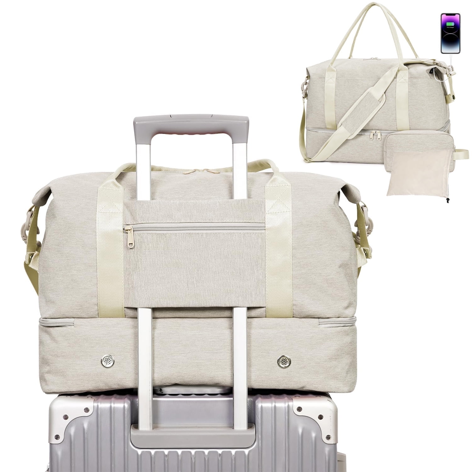 SportsNew Business Travel Bag with  Shoe Compartment  and Wet Pocket ,TSA Carry on Personal Item Bag  18x14x8 , Laptop Bag with USB Charging Port, Gym Tote Bag with Strip for Women(Beige Bag)