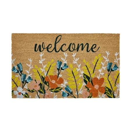 Home Décor Collection Welcome Natural/Multicolor Floral Coir Outdoor Doormat, 18" x 30"