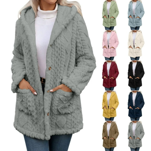 Womens Fleece Long Jacket Hooded Long Sleeve Button Down Sherpa Coat Fall Winter Warm Jacket Outerwear with Pockets