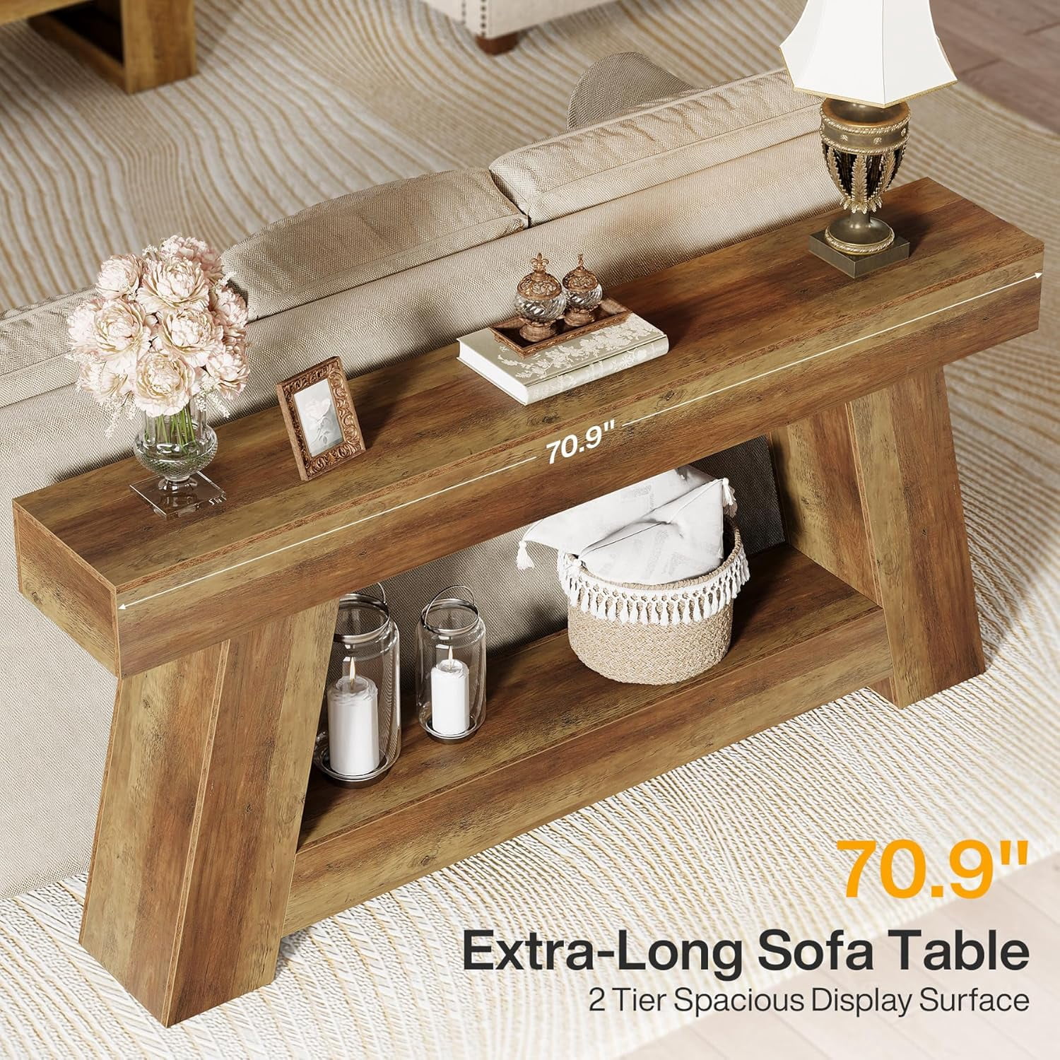 Tribesigns 70.86" Extra Long Sofa Console Table, Farmhouse 2-Tier Wooden Behind Couch Table for Entryway (Rustic Brown)