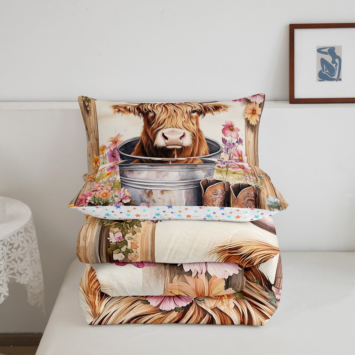 Erosebridal Cartoon Highland Bull Bedding Twin Comforter Set, Southwestern Cowboy Boots Down Comforter, Pink Floral Room Decor, Reversible 2-Piece