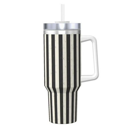 

Fuzoiu Black And White Thick Stripes Print 40OZ Ice Bully Stainless Steel Insulated Cup with Handle and Straw - Perfect for Travel and Sports