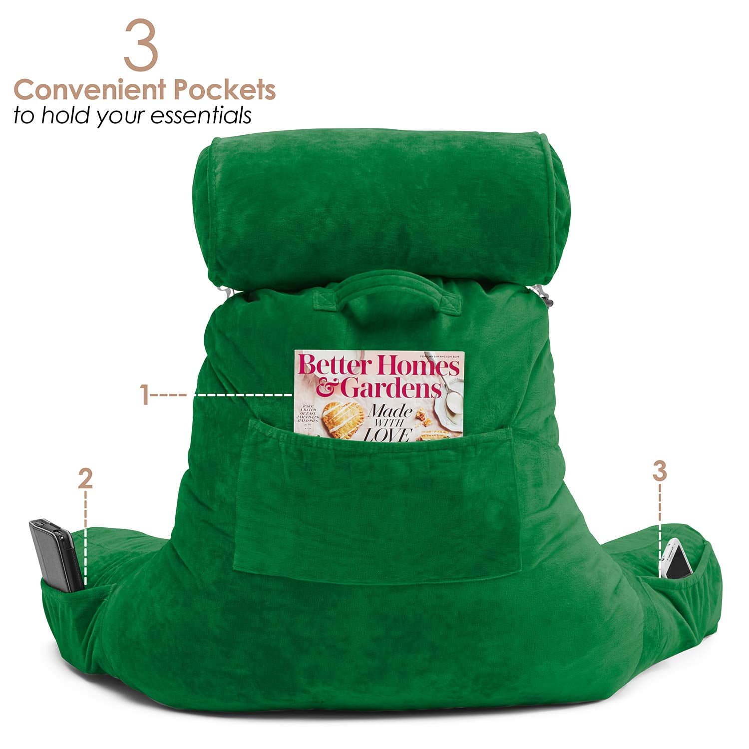 Clara Clark Bed Rest Pillow with Arms and Pockets, Detachable Neck Roll, Large, Green