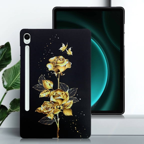 for Samsung Galaxy Tab S10 FE 2025 / S9 FE 2023 Floral Pattern Case, Luxury Ultra Slim Flexible Lightweight Anti-Fingerprint Drop Protective Heat Dissipation with Soft TPU Cover, Gold Butterfly Rose